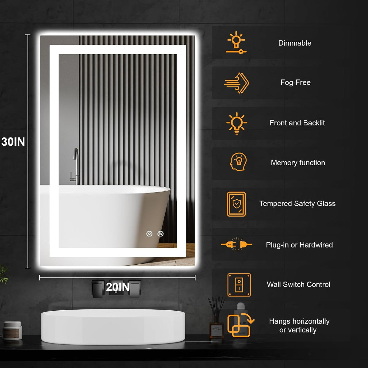 30x50 LED Bathroom Mirror with Lights, Lighted Vanity Mirror for Wall