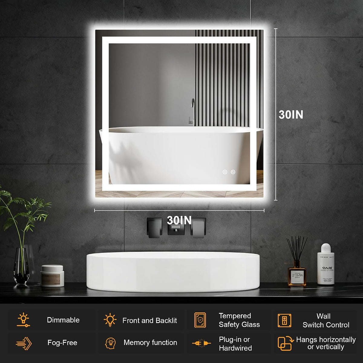 30x50 LED Bathroom Mirror with Lights, Lighted Vanity Mirror for Wall