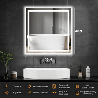 30x50 LED Bathroom Mirror with Lights, Lighted Vanity Mirror for Wall
