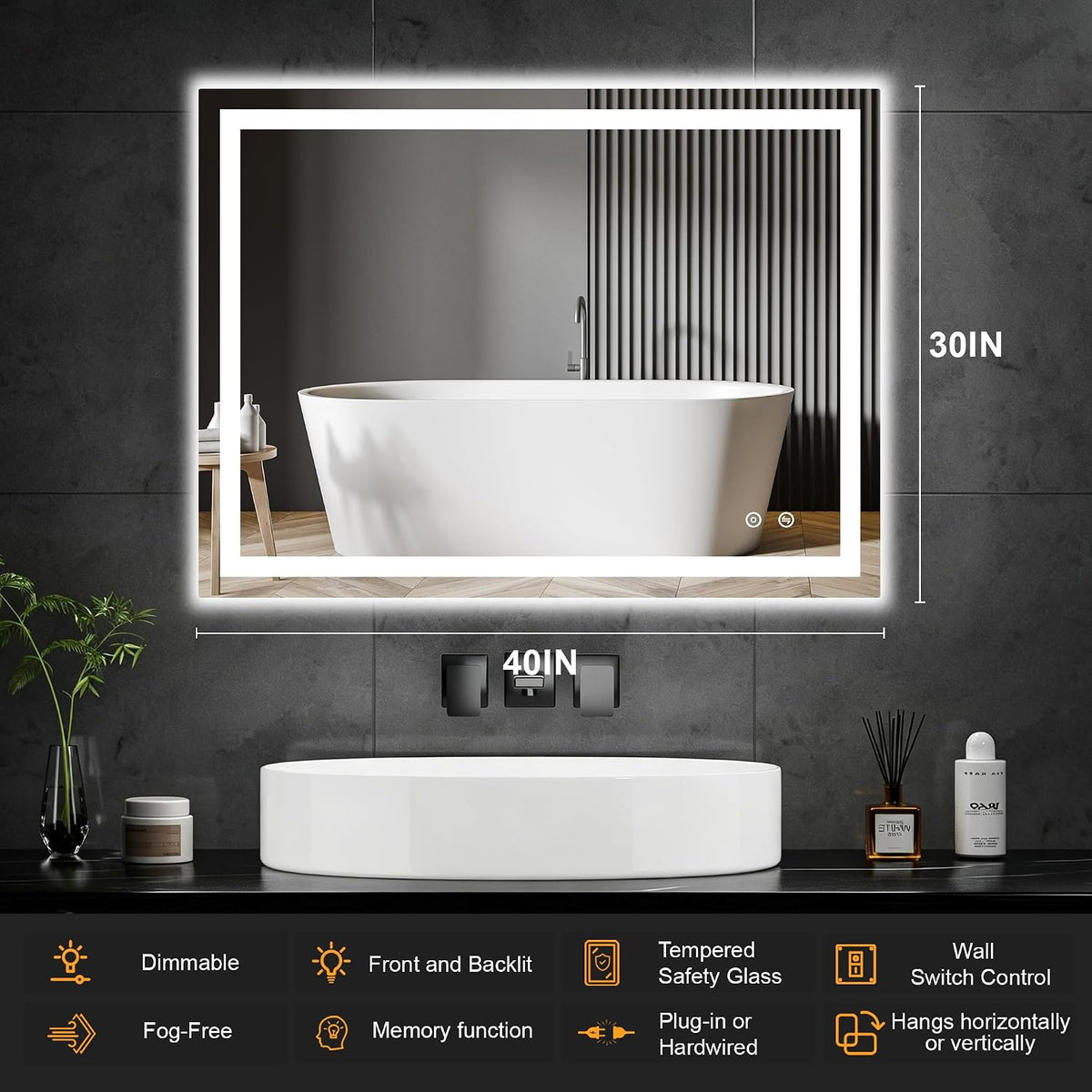 30x50 LED Bathroom Mirror with Lights, Lighted Vanity Mirror for Wall