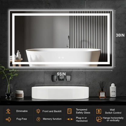 30x50 LED Bathroom Mirror with Lights, Lighted Vanity Mirror for Wall