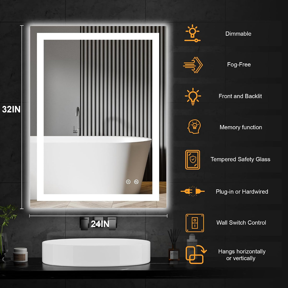 30x50 LED Bathroom Mirror with Lights, Lighted Vanity Mirror for Wall