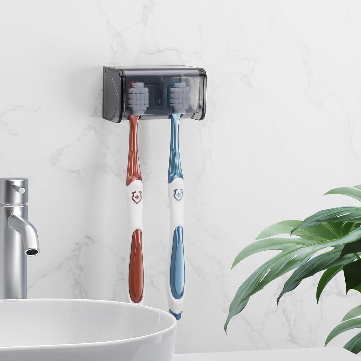 2 PCS Toothbrush Holders Wall Mounted with Cover (2, Transparent Black)