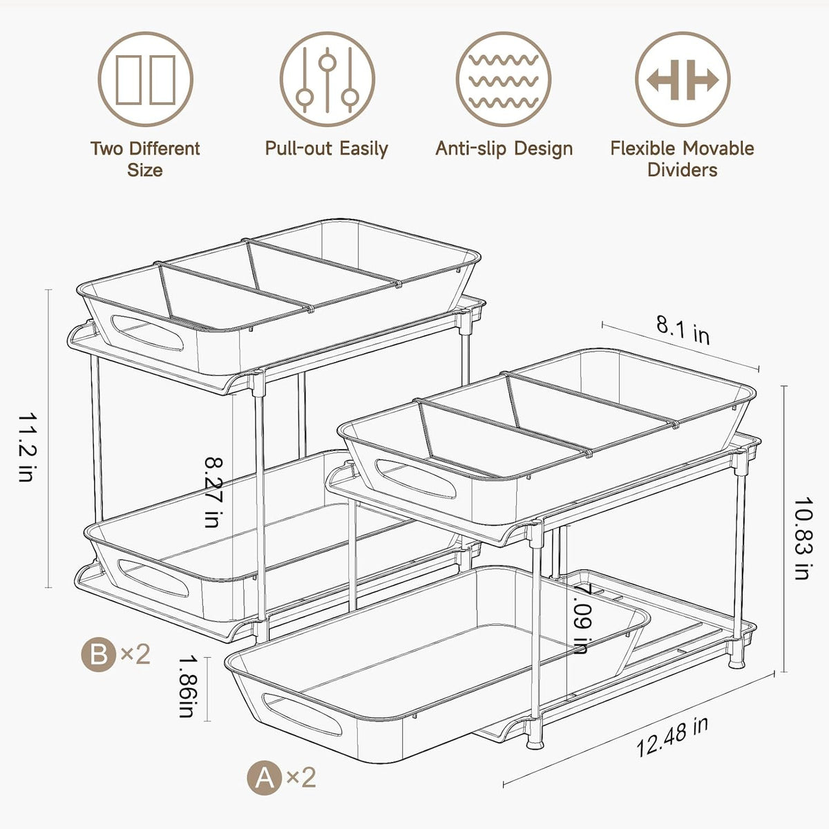 4-Pack 2-Tier Under Sink Organizer with Pull Out Drawers