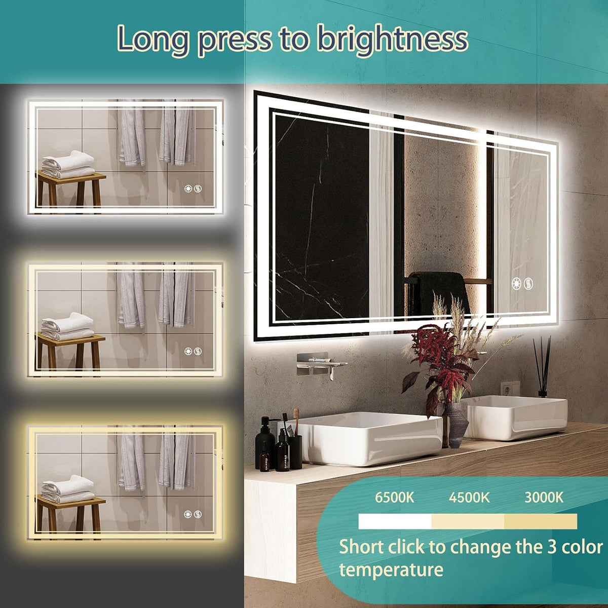 48 x 28'' LED Mirror for Bathroom, Bathroom Mirror with LED Lights