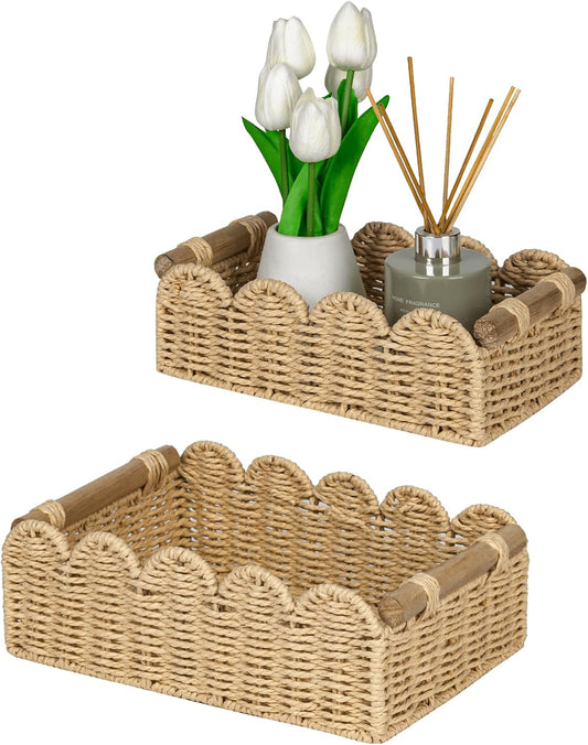 Scalloped Toilet Paper Storage Basket for Over Toilet Shelves | Decorative Wicker Organizer Basket Perfect for Home Countertop Storage, Small Basket, Living Room Shelf Decor, Neutral