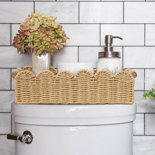 Scalloped Toilet Paper Storage Basket for Over Toilet Shelves | Decorative Wicker Organizer Basket Perfect for Home Countertop Storage, Small Basket, Living Room Shelf Decor, Neutral