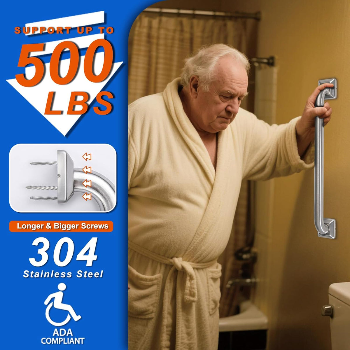 Bathroom Grab Bars Stainless Steel Handrail ADA Compliant 500lbs bathtubs and Showers Toilet Handle Safety for Handicap, Elderly, Disabled, Injury (12 inches)
