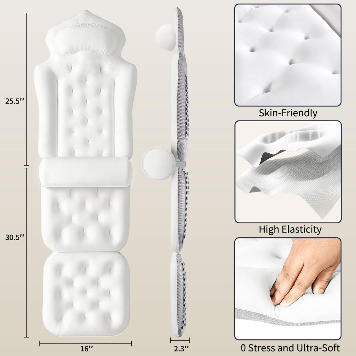 Full Body Bath Pillow for Tub, Thick Bathtub Cushion Mat with Neck, Back & Lumbar Support - Luxury Spa Bathroom Accessories, White