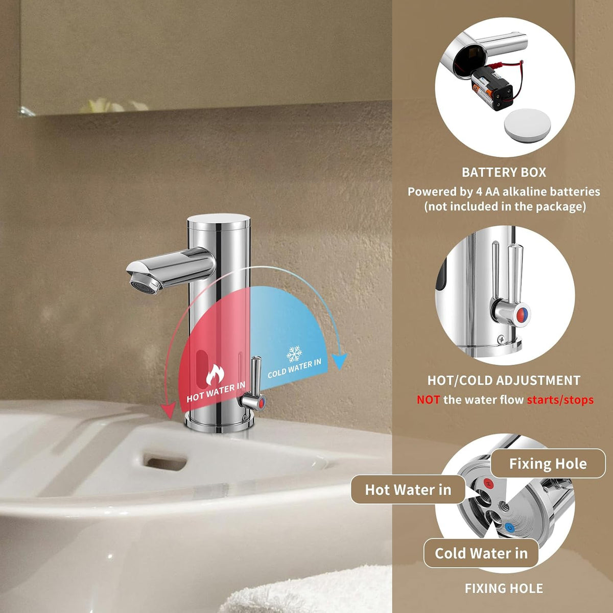 Automatic Touchless Bathroom Sink Faucet Motion Activated Sensor | 1 Hole,Brass,Chrome,Adjustable Cold Hot Single Handle,Hands Free,Auto,Infrared,Commercial,Water Mixer,Basin,Vanity