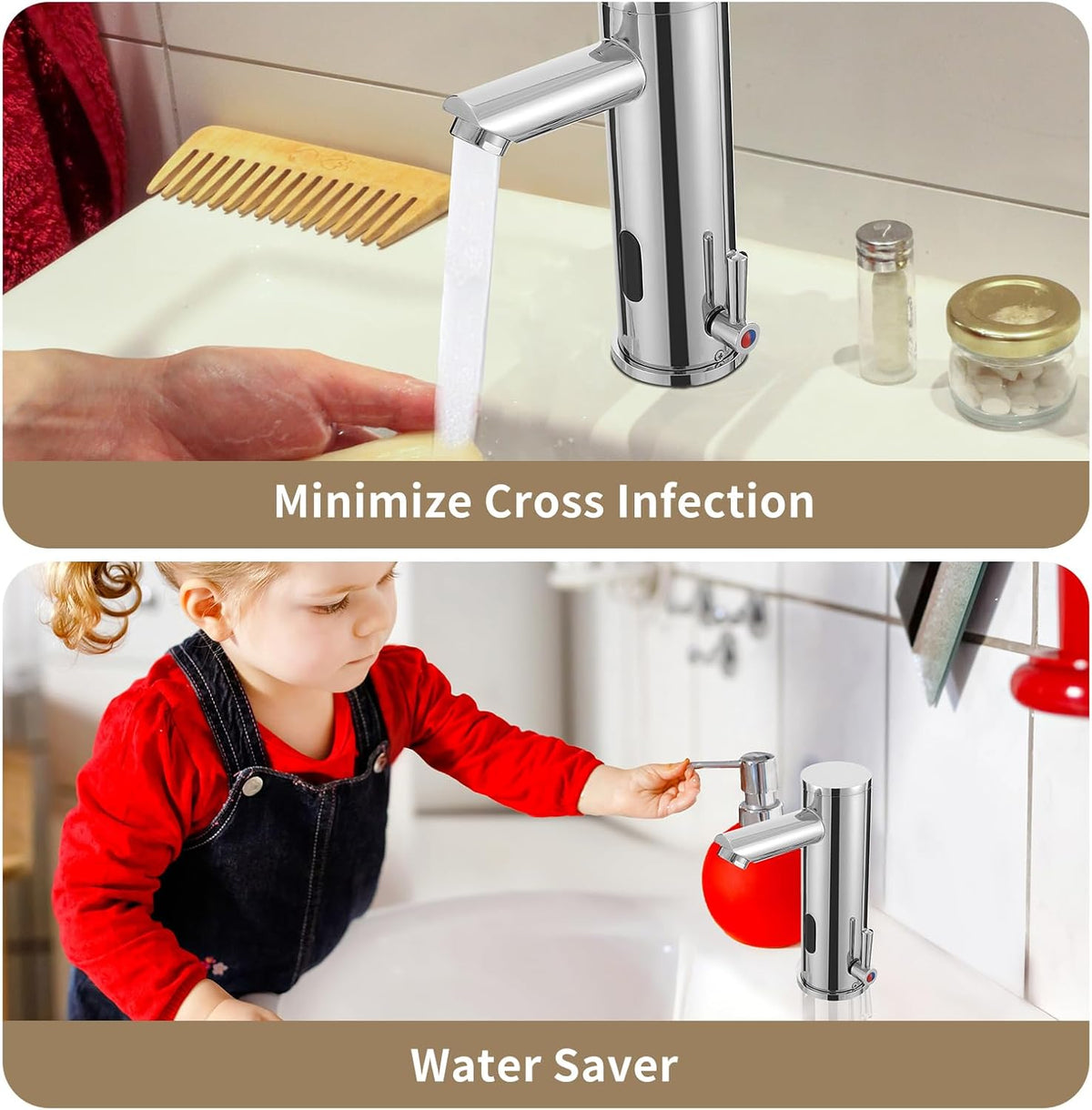 Automatic Touchless Bathroom Sink Faucet Motion Activated Sensor | 1 Hole,Brass,Chrome,Adjustable Cold Hot Single Handle,Hands Free,Auto,Infrared,Commercial,Water Mixer,Basin,Vanity