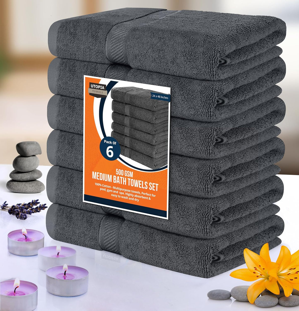 Medium Bath Towels, 24x48 in, 500 GSM Cotton, White | Highly Absorbent, Quick-Drying, Ideal for Hotel, Spa & Home Bathroom