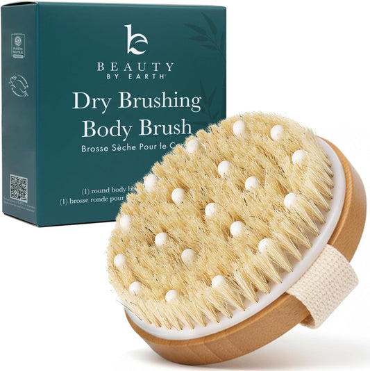 Dry Brushing Body Brush for Lymphatic Drainage & Cellulite | Natural Brustles for Wet and Dry Brushing, Body Exfoliating Brush with Massage Nodes for Soft & Smooth Skin