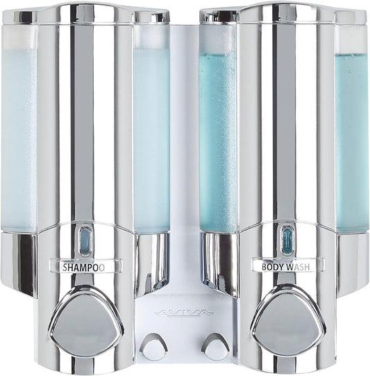 Aviva Wall Mount Shower Dispenser, 3 x 11 oz, Satin Silver | 3 Chamber, Shower Dispenser for Bathroom, Built-in Hooks, No Drill, Waterproof Dispenser Pump