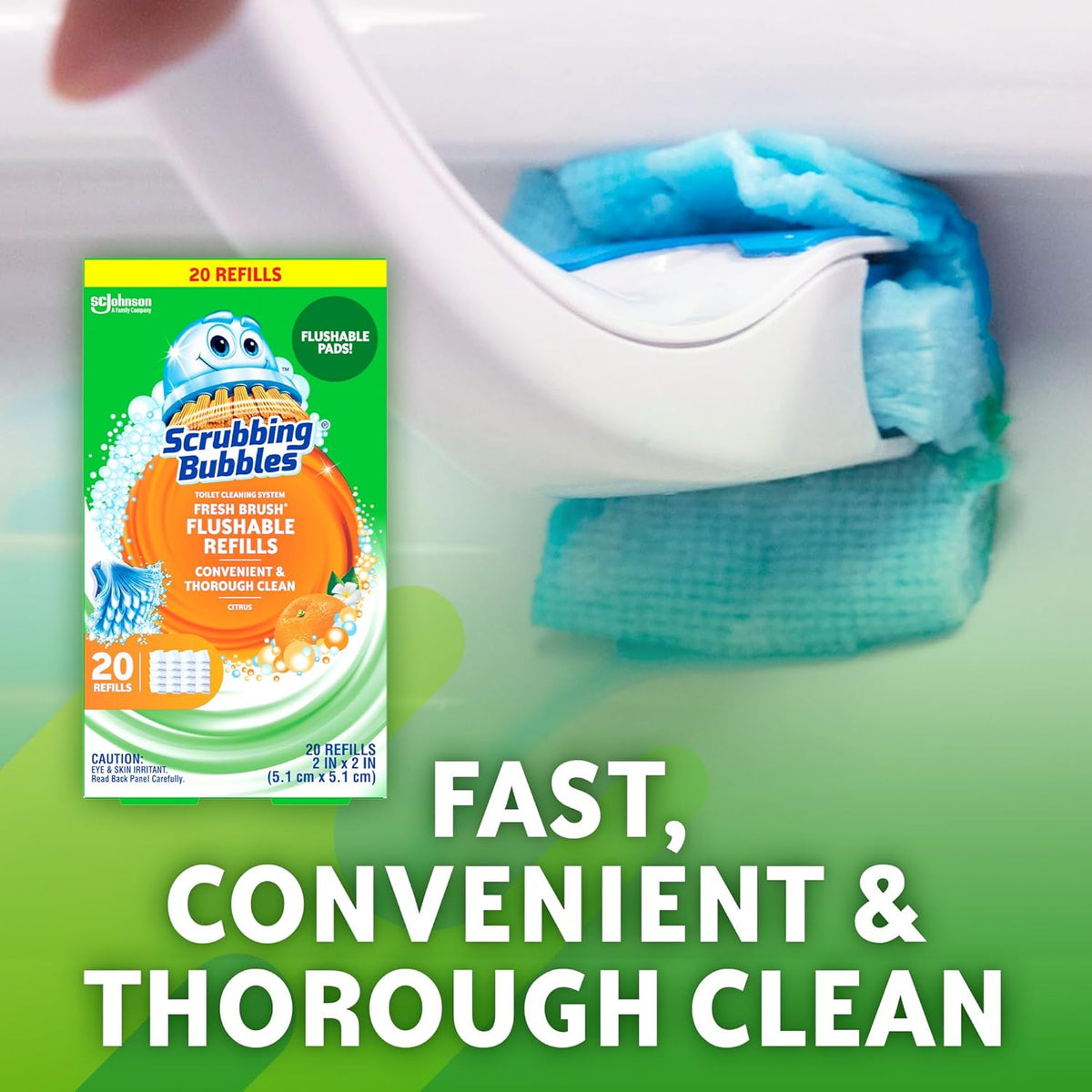 Toilet Bowl Cleaning System with Flushable & Disposable Cleaner Refill Pads, Fights Odors and Helps Remove Limescale & Hard Water Stains, Citrus Scent, 1 Wand + 4 Refills + 1 Stand