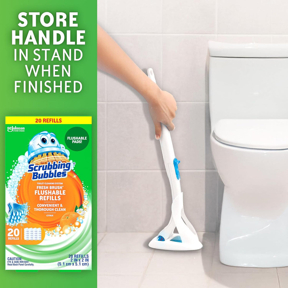 Toilet Bowl Cleaning System with Flushable & Disposable Cleaner Refill Pads, Fights Odors and Helps Remove Limescale & Hard Water Stains, Citrus Scent, 1 Wand + 4 Refills + 1 Stand