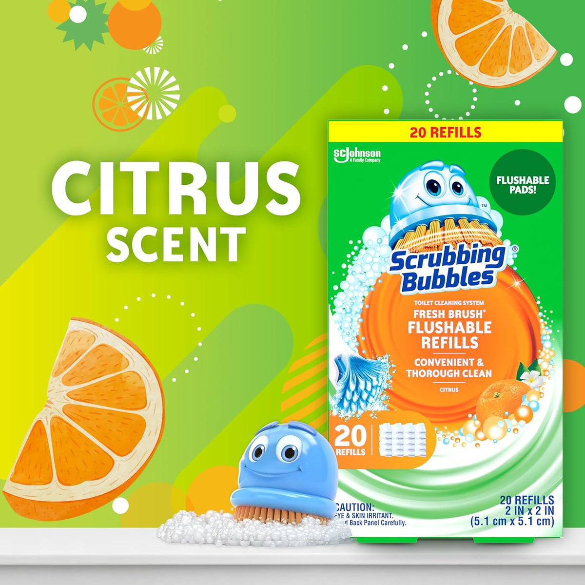 Toilet Bowl Cleaning System with Flushable & Disposable Cleaner Refill Pads, Fights Odors and Helps Remove Limescale & Hard Water Stains, Citrus Scent, 1 Wand + 4 Refills + 1 Stand