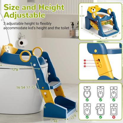 Frog Toilet Seat, Potty Training Seat for Toddler, Upgrade Potty Training 2 in 1 Toddler Toilet Seat for Boys Girls,Waterproof Soft Mat Non-Slip Step Stool