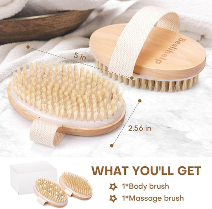 2 Pack Dry Brushing Body Brush, Natural Bristle Exfoliating Brush with Massage Nodes, for Lymphatic Drainage and Improving Skin Health and Reduces Acne