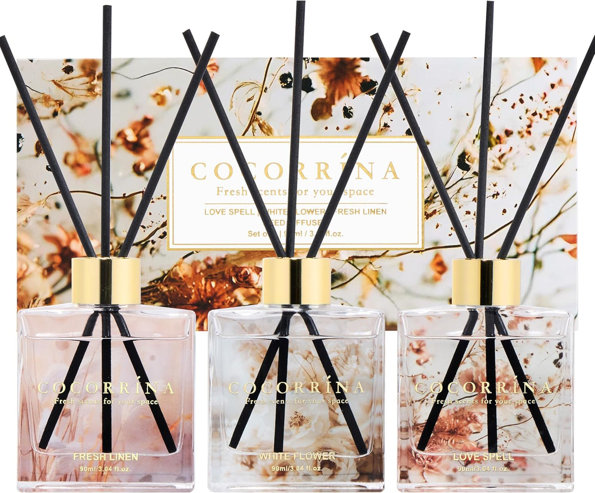 Reed Diffuser Set of 3-3 Pack/ 3.04 Fl.oz Diffuser with 24 Sticks Cashmere Vanilla/Sandalwood Rose/Clean Linen Reed Diffuser for Home Bathroom Office Decor