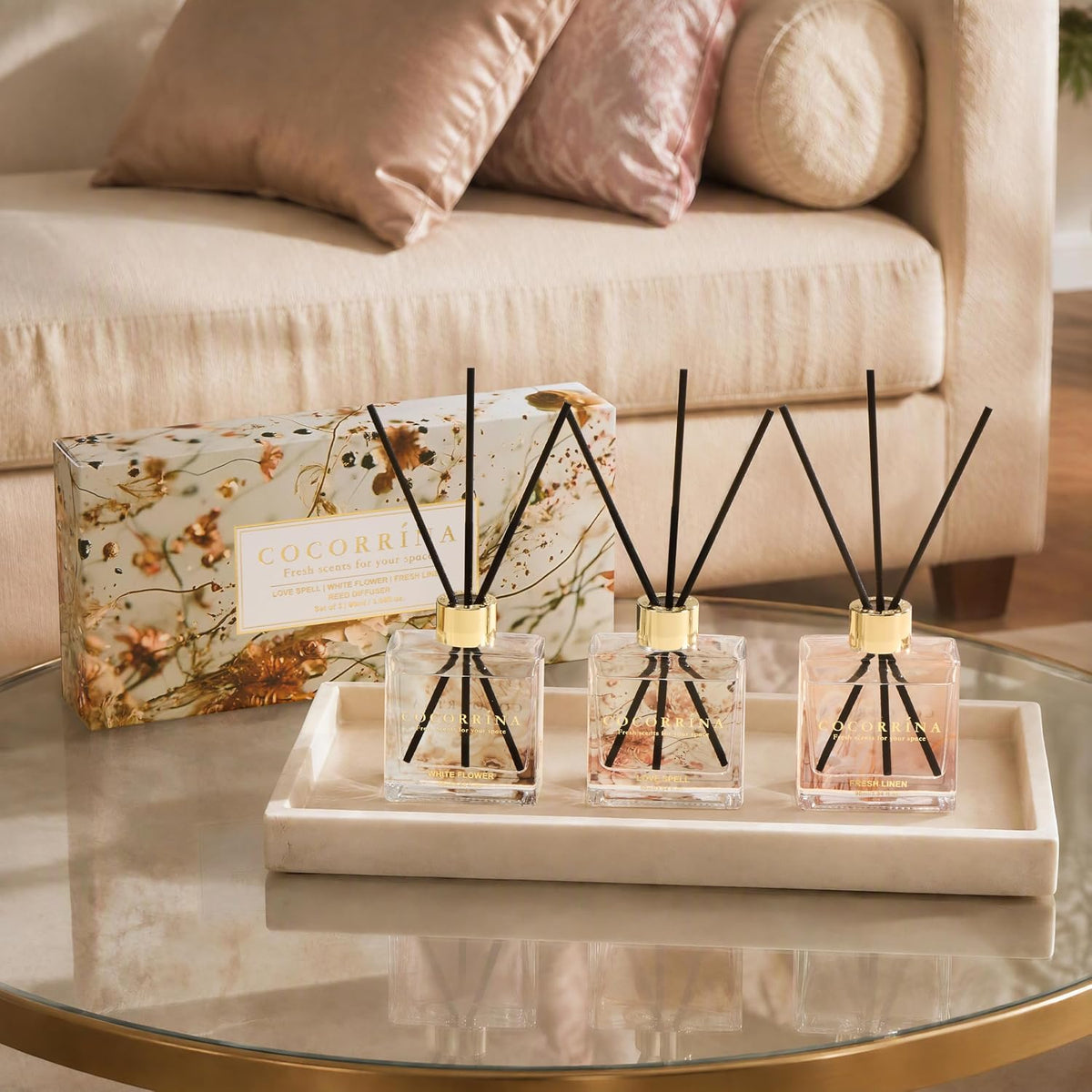 Reed Diffuser Set of 3-3 Pack/ 3.04 Fl.oz Diffuser with 24 Sticks Cashmere Vanilla/Sandalwood Rose/Clean Linen Reed Diffuser for Home Bathroom Office Decor