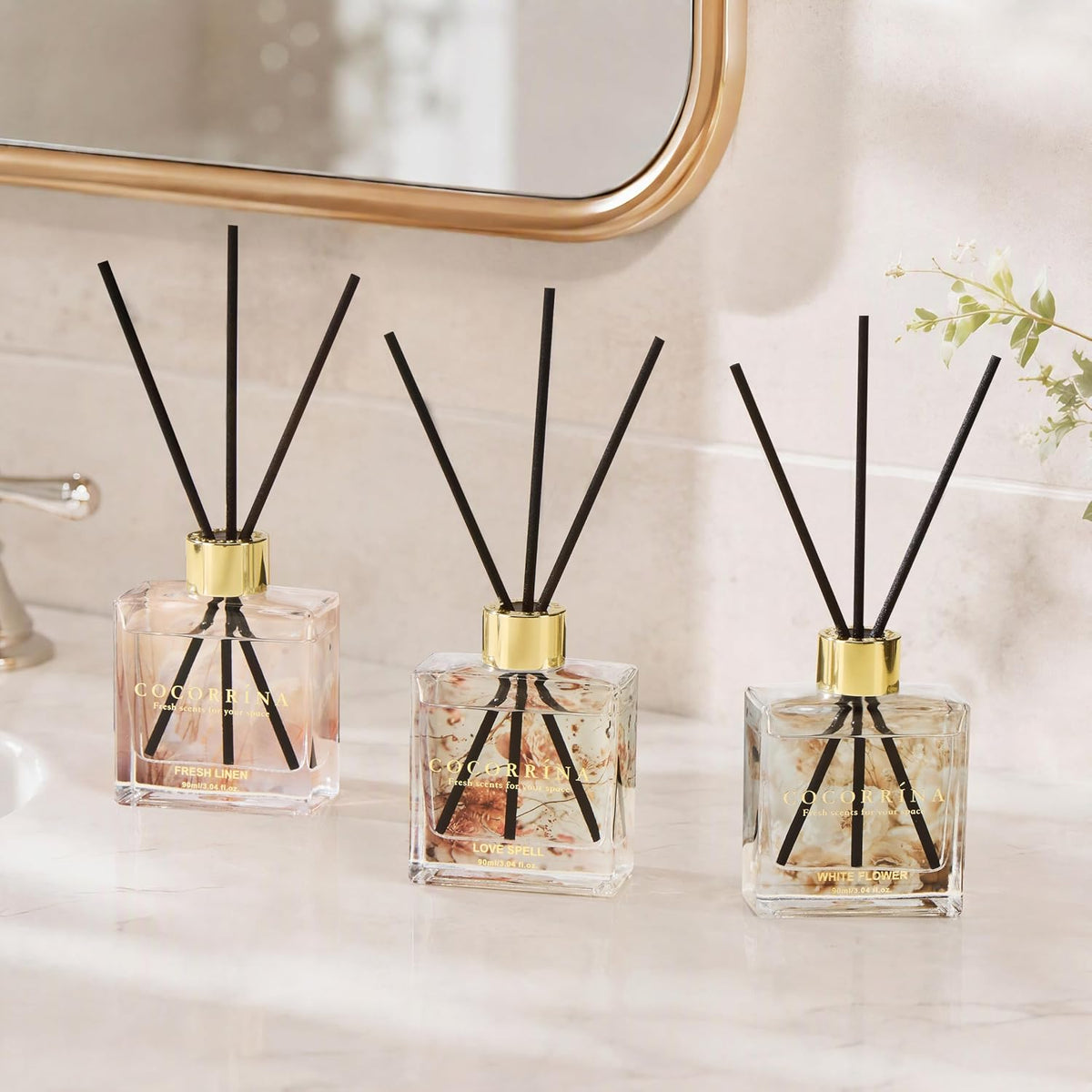 Reed Diffuser Set of 3-3 Pack/ 3.04 Fl.oz Diffuser with 24 Sticks Cashmere Vanilla/Sandalwood Rose/Clean Linen Reed Diffuser for Home Bathroom Office Decor