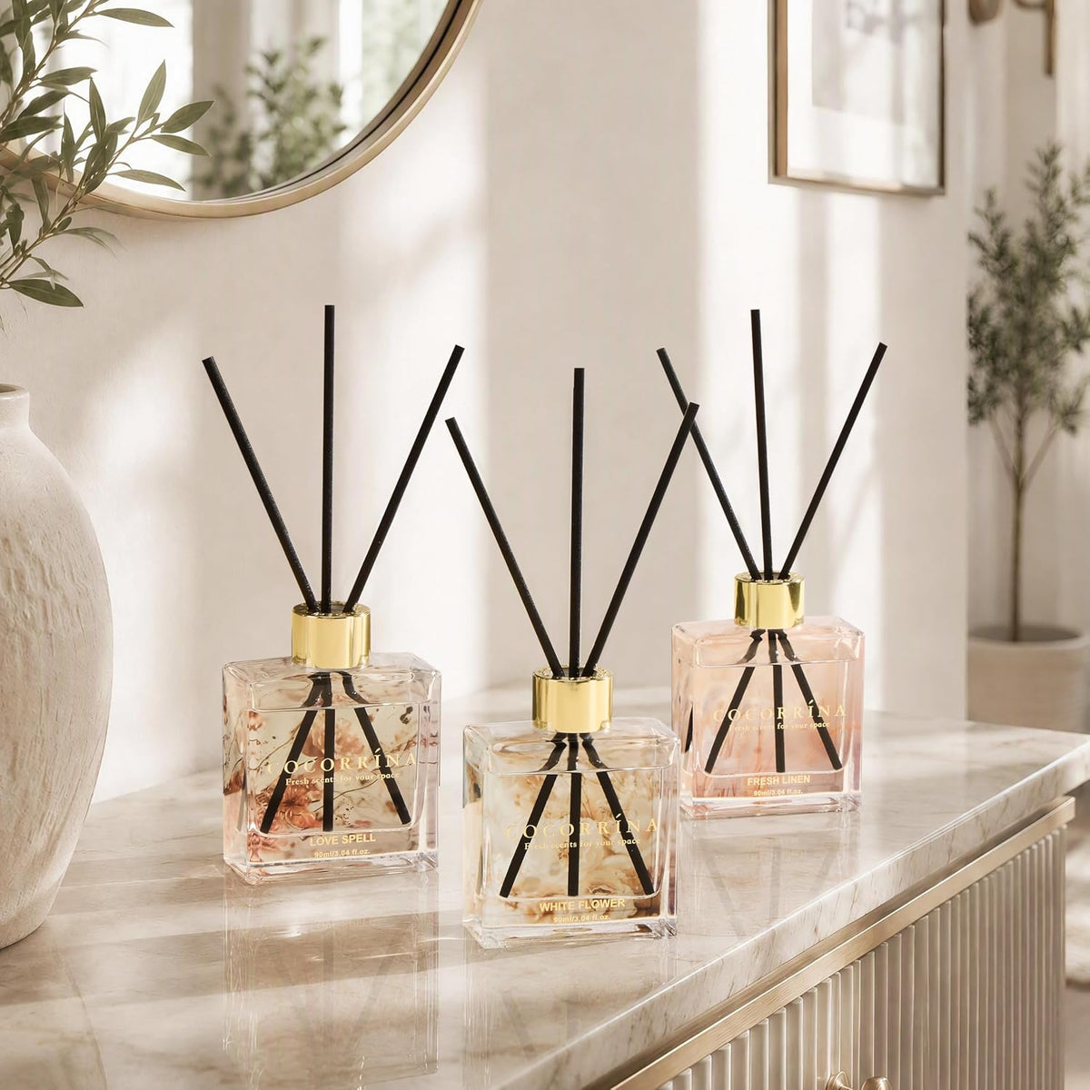 Reed Diffuser Set of 3-3 Pack/ 3.04 Fl.oz Diffuser with 24 Sticks Cashmere Vanilla/Sandalwood Rose/Clean Linen Reed Diffuser for Home Bathroom Office Decor