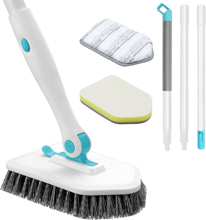 Shower Scrubber with Long Handle, 3 in 1 Tile Tub Scrubber Brush with 3 Detachable Cleaning Heads Adjustable Handle Shower Cleaner Brush for Bathroom, Kitchen, Toilet, Wall, Sink, Blue White
