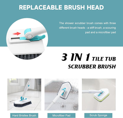 Shower Scrubber with Long Handle, 3 in 1 Tile Tub Scrubber Brush with 3 Detachable Cleaning Heads Adjustable Handle Shower Cleaner Brush for Bathroom, Kitchen, Toilet, Wall, Sink, Blue White