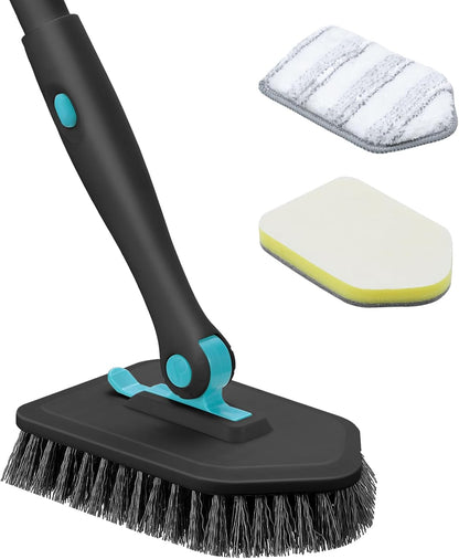 Shower Scrubber with Long Handle, 3 in 1 Tile Tub Scrubber Brush with 3 Detachable Cleaning Heads Adjustable Handle Shower Cleaner Brush for Bathroom, Kitchen, Toilet, Wall, Sink, Blue White
