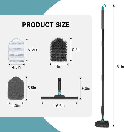 Shower Scrubber with Long Handle, 3 in 1 Tile Tub Scrubber Brush with 3 Detachable Cleaning Heads Adjustable Handle Shower Cleaner Brush for Bathroom, Kitchen, Toilet, Wall, Sink, Blue White