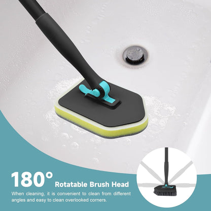 Shower Scrubber with Long Handle, 3 in 1 Tile Tub Scrubber Brush with 3 Detachable Cleaning Heads Adjustable Handle Shower Cleaner Brush for Bathroom, Kitchen, Toilet, Wall, Sink, Blue White