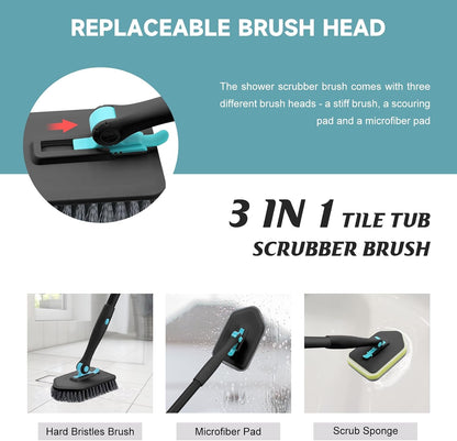 Shower Scrubber with Long Handle, 3 in 1 Tile Tub Scrubber Brush with 3 Detachable Cleaning Heads Adjustable Handle Shower Cleaner Brush for Bathroom, Kitchen, Toilet, Wall, Sink, Blue White