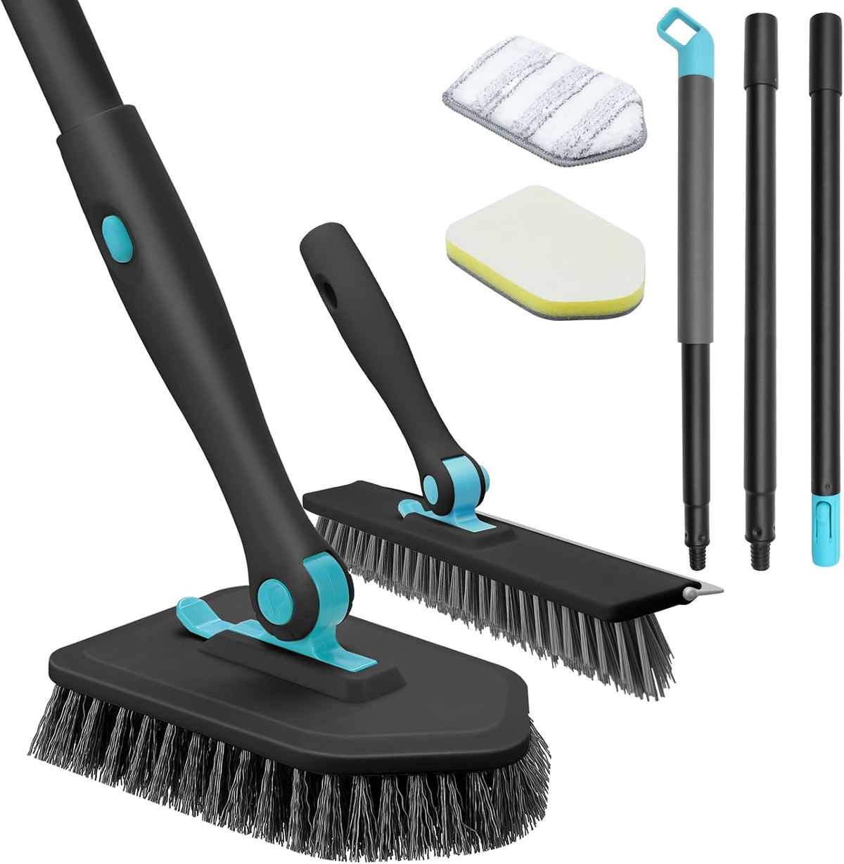 Shower Scrubber with Long Handle, 3 in 1 Tile Tub Scrubber Brush with 3 Detachable Cleaning Heads Adjustable Handle Shower Cleaner Brush for Bathroom, Kitchen, Toilet, Wall, Sink, Blue White