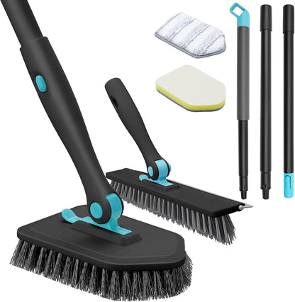 Shower Scrubber with Long Handle, 3 in 1 Tile Tub Scrubber Brush with 3 Detachable Cleaning Heads Adjustable Handle Shower Cleaner Brush for Bathroom, Kitchen, Toilet, Wall, Sink, Blue White