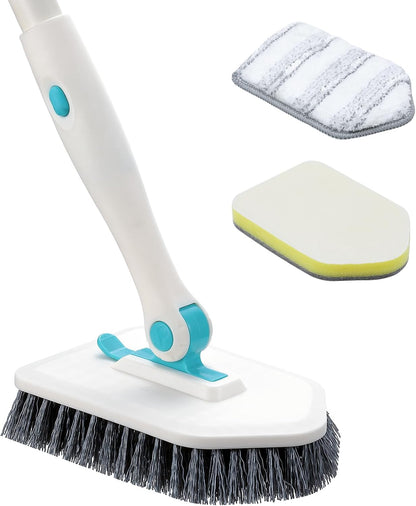 Shower Scrubber with Long Handle, 3 in 1 Tile Tub Scrubber Brush with 3 Detachable Cleaning Heads Adjustable Handle Shower Cleaner Brush for Bathroom, Kitchen, Toilet, Wall, Sink, Blue White