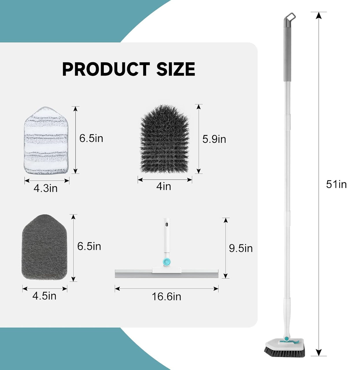 Shower Scrubber with Long Handle, 3 in 1 Tile Tub Scrubber Brush with 3 Detachable Cleaning Heads Adjustable Handle Shower Cleaner Brush for Bathroom, Kitchen, Toilet, Wall, Sink, Blue White