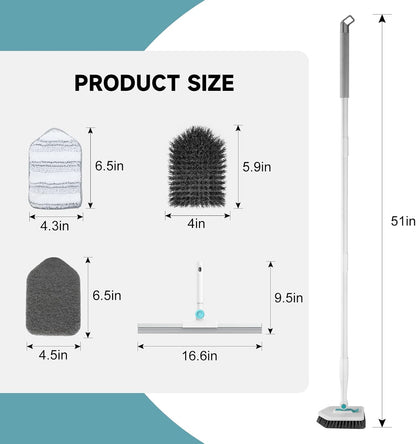 Shower Scrubber with Long Handle, 3 in 1 Tile Tub Scrubber Brush with 3 Detachable Cleaning Heads Adjustable Handle Shower Cleaner Brush for Bathroom, Kitchen, Toilet, Wall, Sink, Blue White