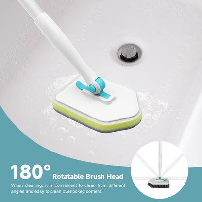 Shower Scrubber with Long Handle, 3 in 1 Tile Tub Scrubber Brush with 3 Detachable Cleaning Heads Adjustable Handle Shower Cleaner Brush for Bathroom, Kitchen, Toilet, Wall, Sink, Blue White