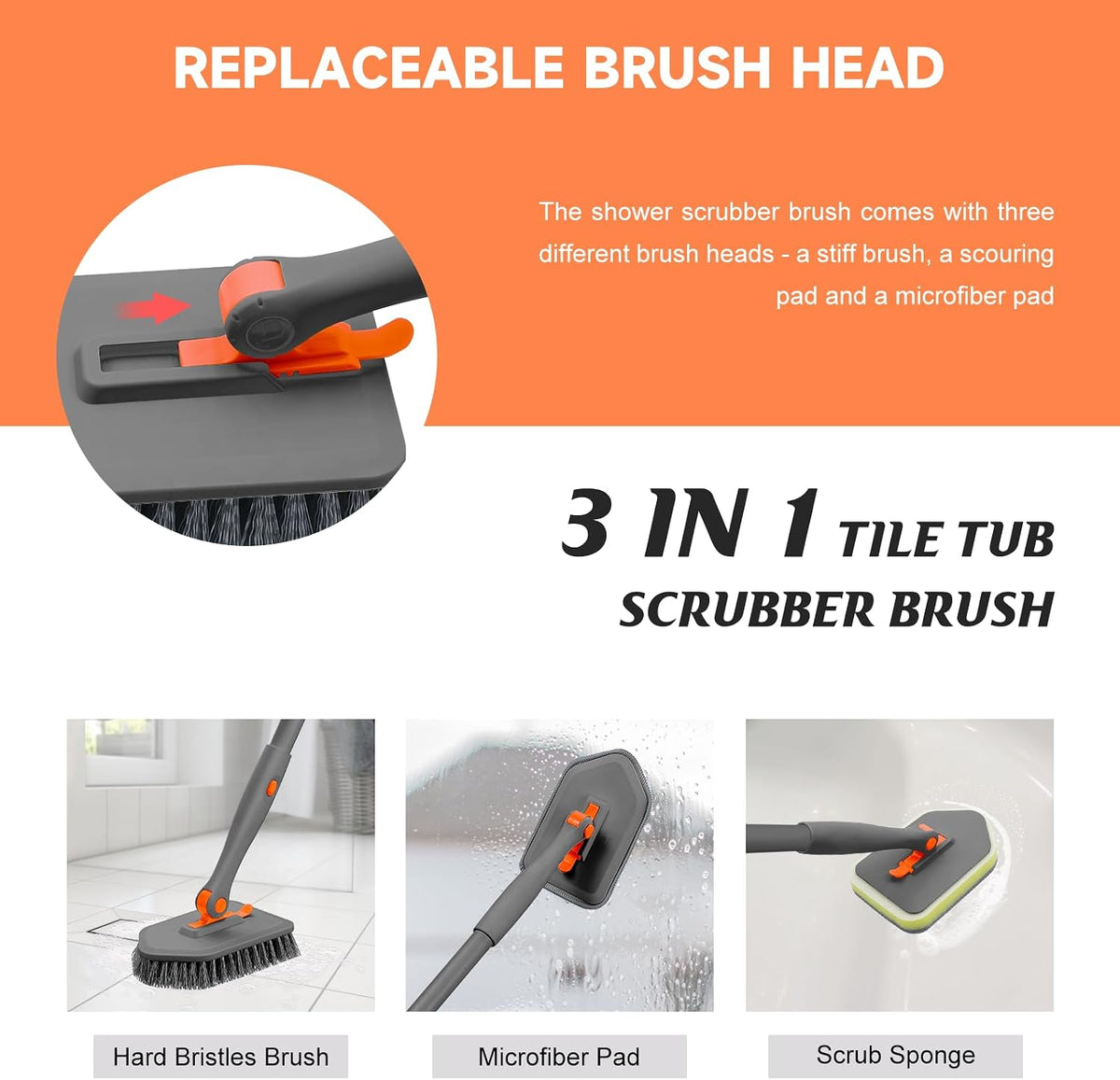 Shower Scrubber with Long Handle, 3 in 1 Tile Tub Scrubber Brush with 3 Detachable Cleaning Heads Adjustable Handle Shower Cleaner Brush for Bathroom, Kitchen, Toilet, Wall, Sink, Blue White