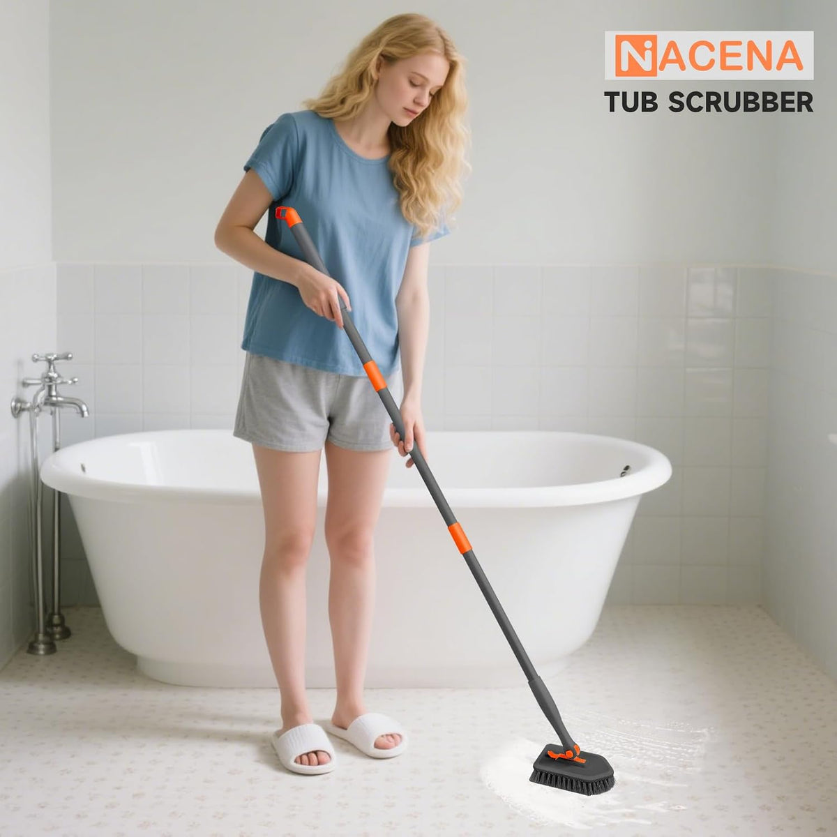 Shower Scrubber with Long Handle, 3 in 1 Tile Tub Scrubber Brush with 3 Detachable Cleaning Heads Adjustable Handle Shower Cleaner Brush for Bathroom, Kitchen, Toilet, Wall, Sink, Blue White