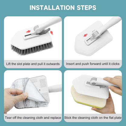Shower Scrubber with Long Handle, 3 in 1 Tile Tub Scrubber Brush with 3 Detachable Cleaning Heads Adjustable Handle Shower Cleaner Brush for Bathroom, Kitchen, Toilet, Wall, Sink, Blue White