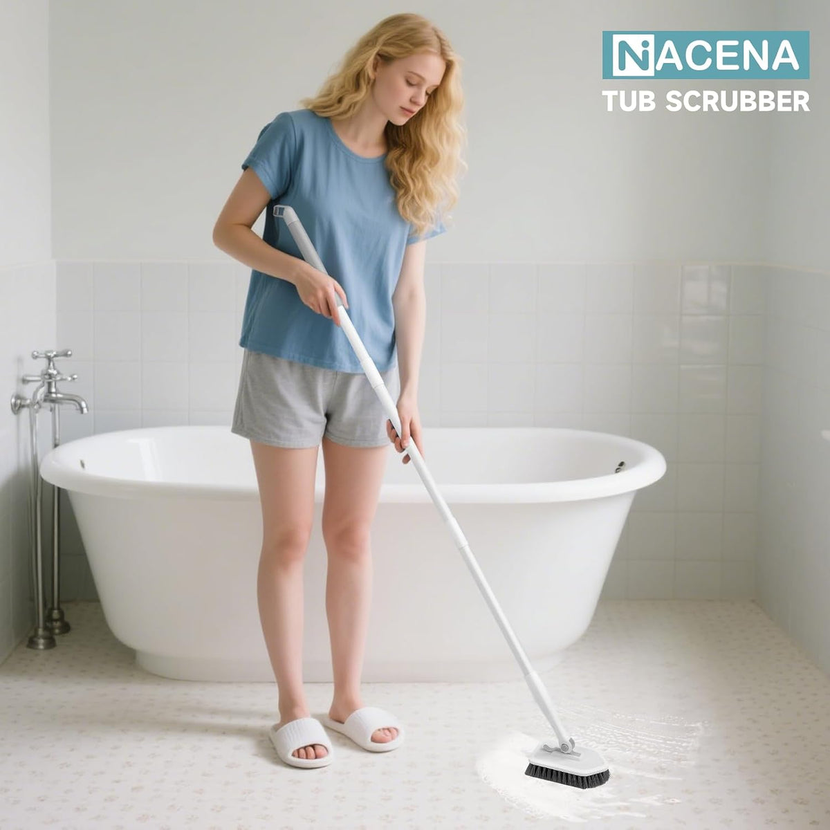 Shower Scrubber with Long Handle, 3 in 1 Tile Tub Scrubber Brush with 3 Detachable Cleaning Heads Adjustable Handle Shower Cleaner Brush for Bathroom, Kitchen, Toilet, Wall, Sink, Blue White