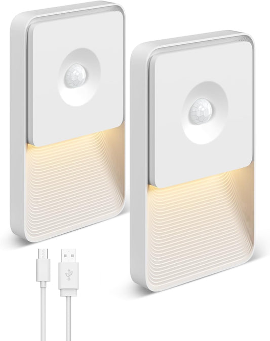 4 Pack Motion Sensor Night Lights, Rechargeable Stair Lights Indoor | 3000K Warm Nightlight for Stairs, Stepless Dimming, Stick on Lights for Hallway, Toilet, Bathroom, Bedroom, Lasting-Long