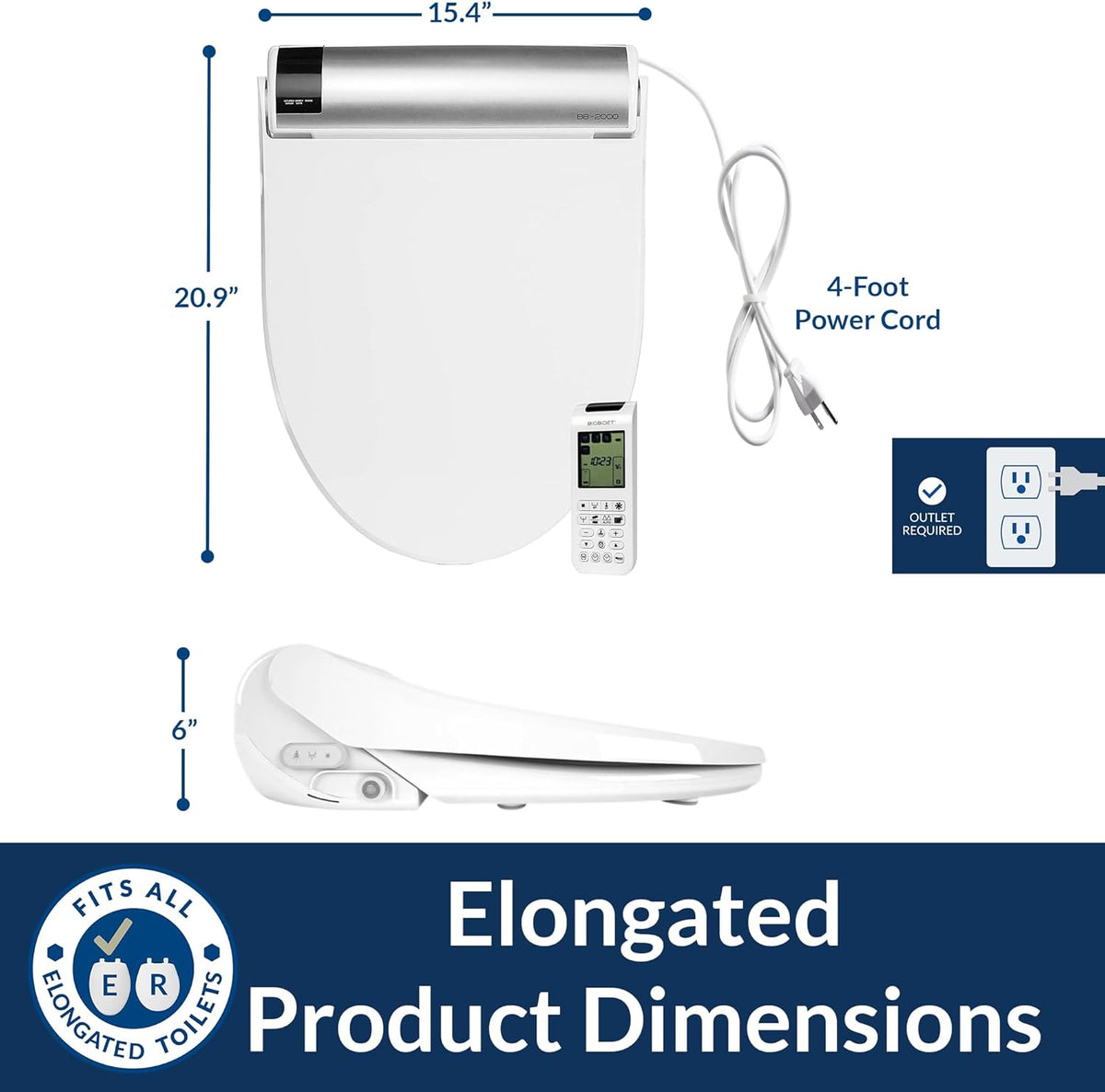 BB2000 Bliss Electric Bidet Toilet Seat, Warm Water with Air Dryer, Heated Seat with Sensor and Slow Close Lid, Night Light, Remote Control, Elongated, White