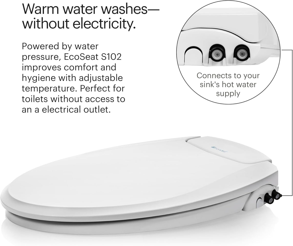 Bidet Toilet Seat Non-Electric Swash Ecoseat, Fits Elongated Toilets, White - Dual Nozzle System, Ambient Water Temperature - Bidet with Easy Installation