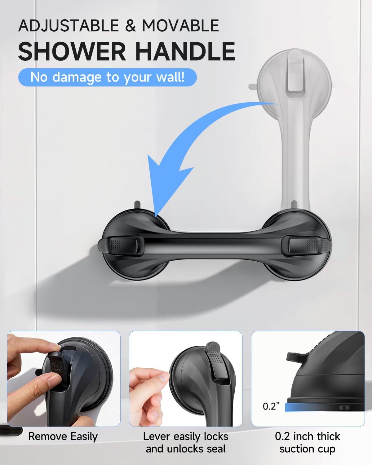2 Pack Shower Grab Bar for Shower and Bathtubs, No Drilling, White