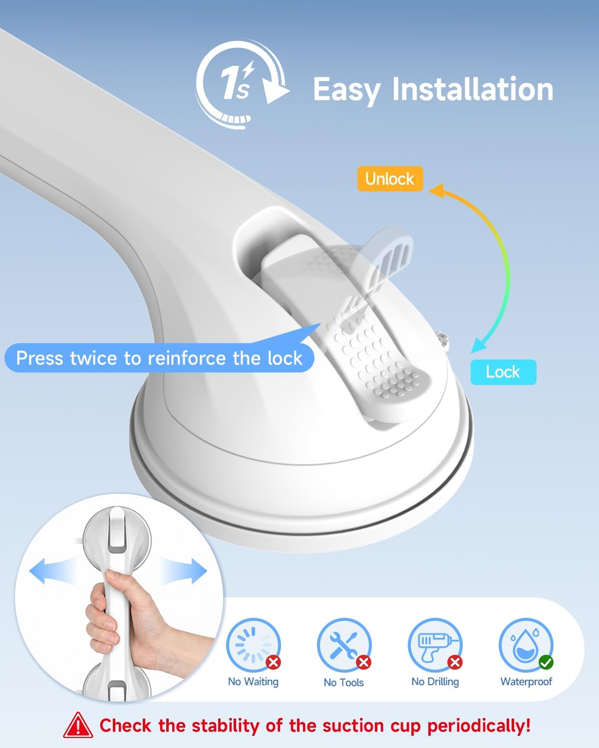2 Pack Shower Grab Bar for Shower and Bathtubs, No Drilling, White