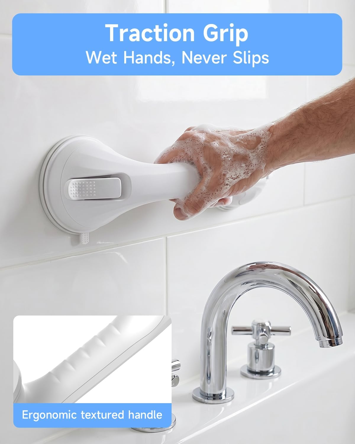 2 Pack Shower Grab Bar for Shower and Bathtubs, No Drilling, White