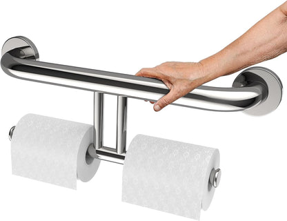 Brushed Nickel Handicap Grab Bar with Toilet Paper Roll Holder | 2-in-1 Safety Bar 17 Inch, Stainless Steel, Bathroom Toilet Grab Bar for Senior Elderly, Balance Support Handle, Wall Mounted